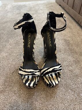 Liliana Black & White Zebra-Print Ankle-Strap Heels